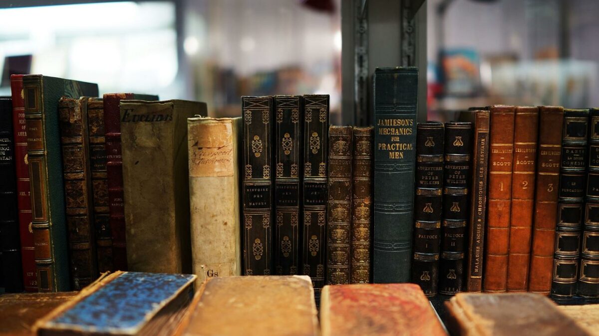 Antique books are displayed at the Park Avenue Armory which is hosting the New York Antiquarian Book Fair.